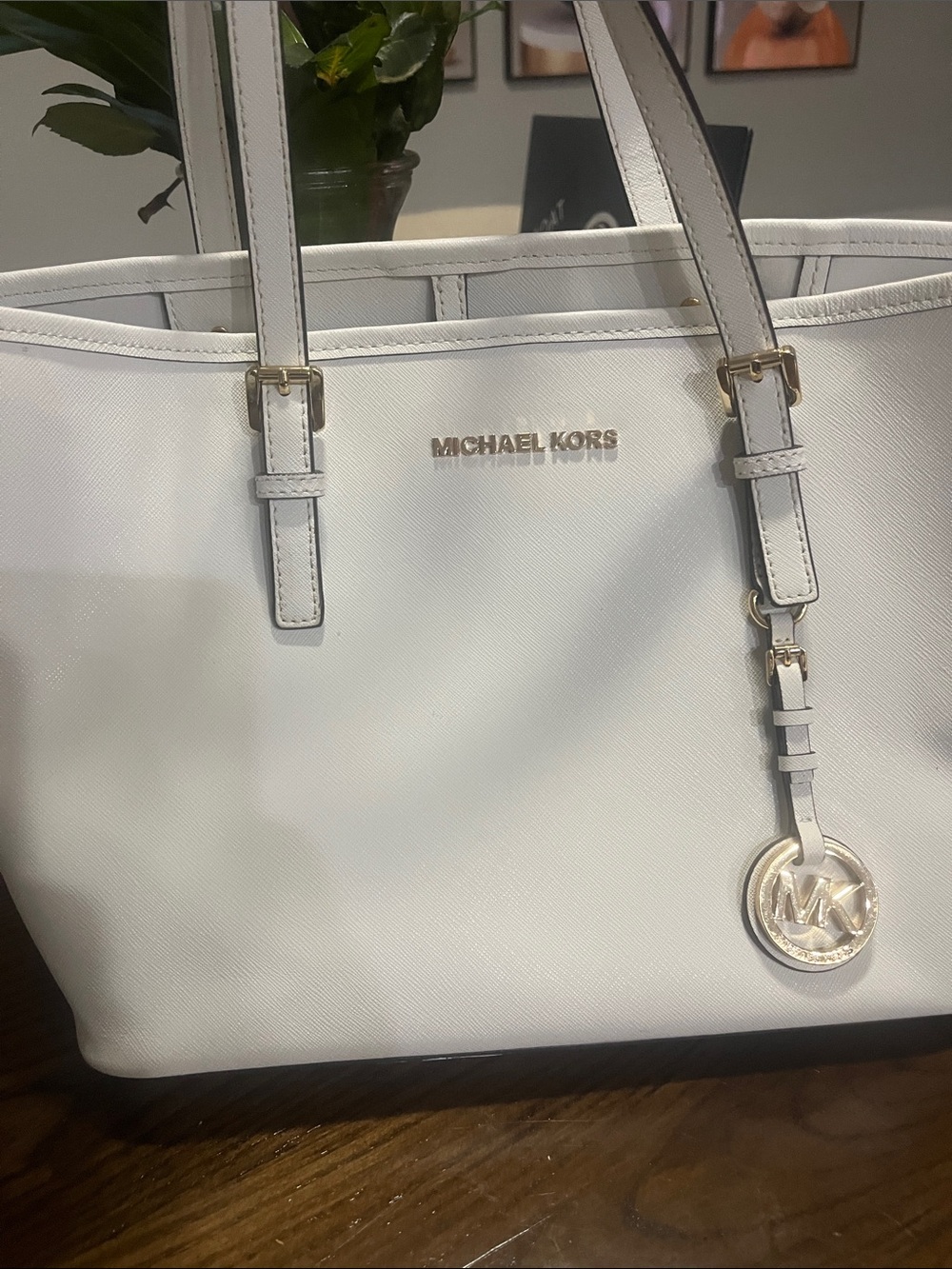 Michael Kors White Leather Tote with Gold-Tone Logo Charm
